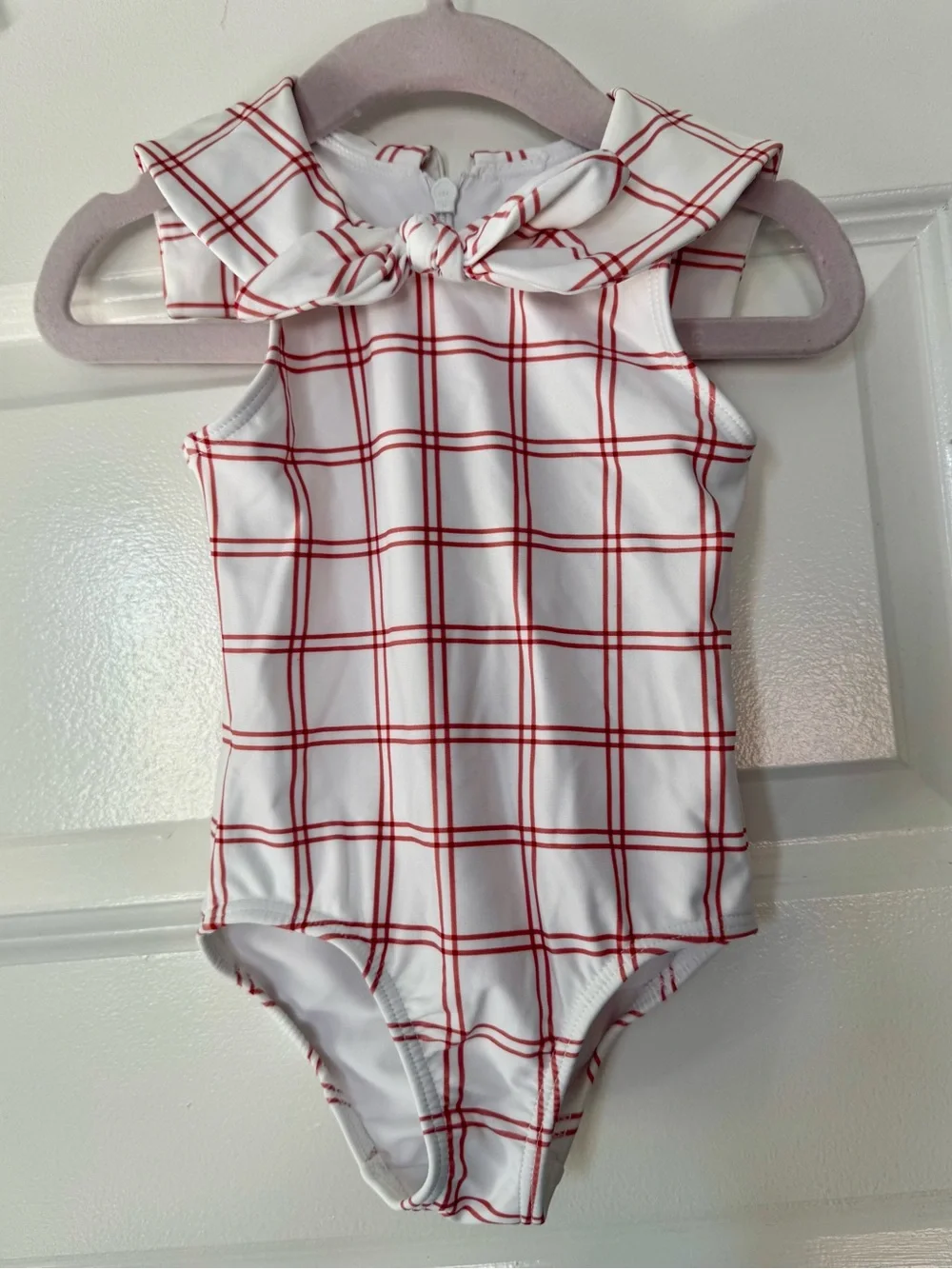 White One-Piece Swimsuit with Red Windowpane Pattern and Bow Collar